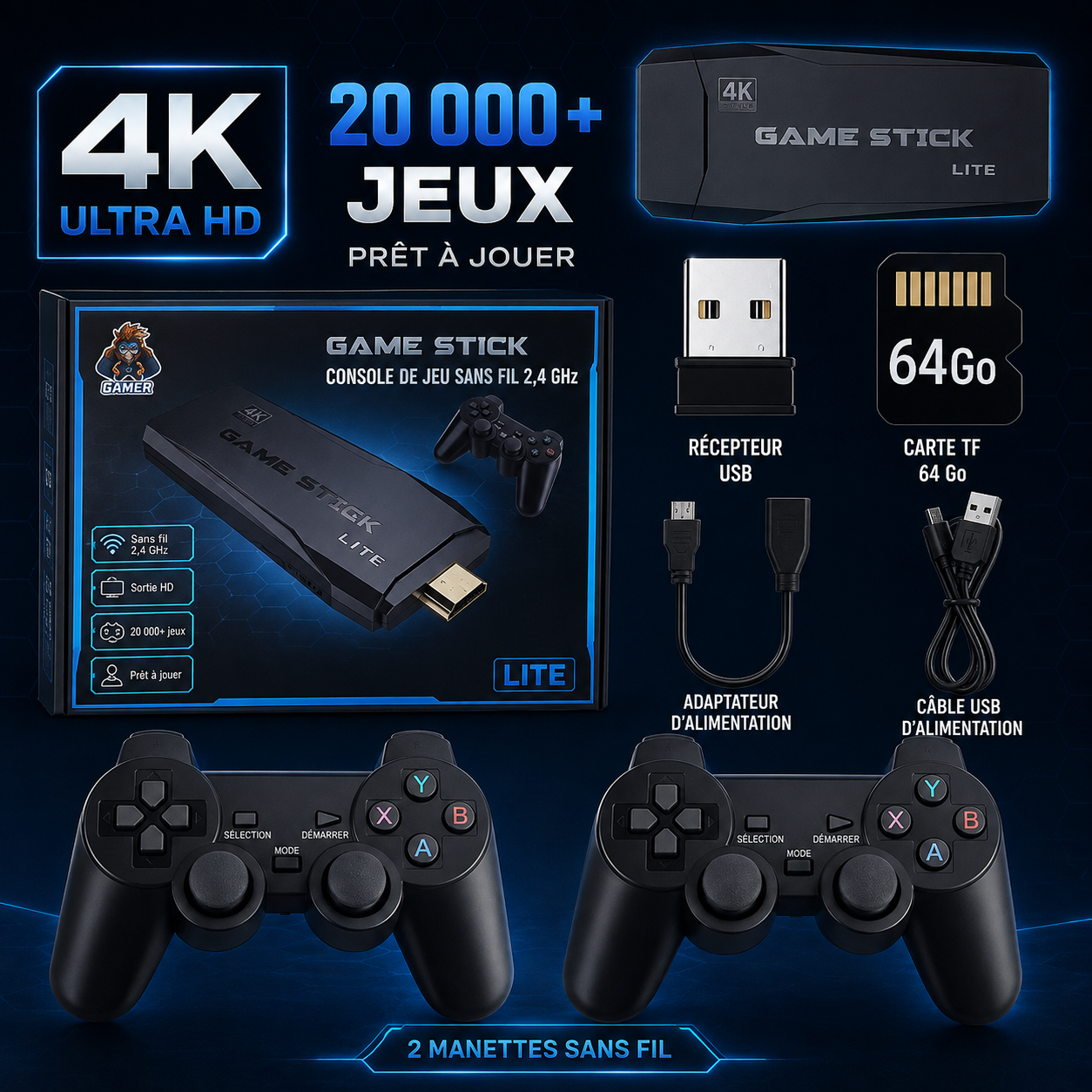 Console Rétro TV Sans Fil - 2 Manettes - HDMI 4K - 64 Go