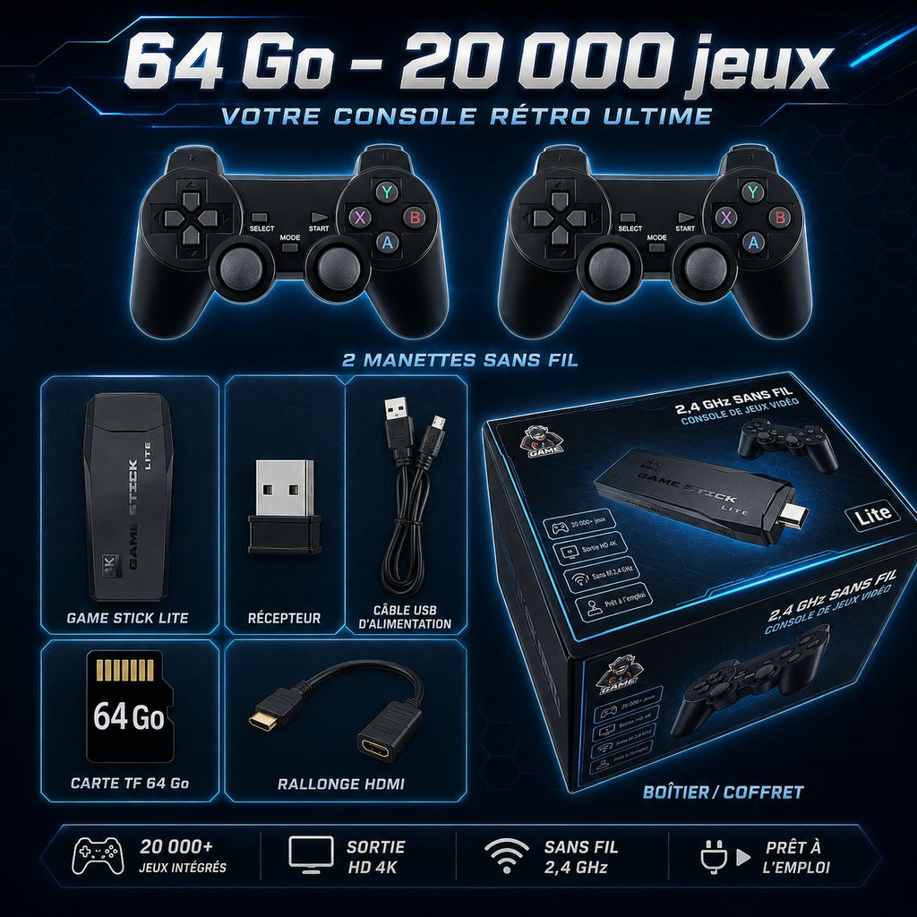 Console Rétro TV Sans Fil - 2 Manettes - HDMI 4K - 64 Go