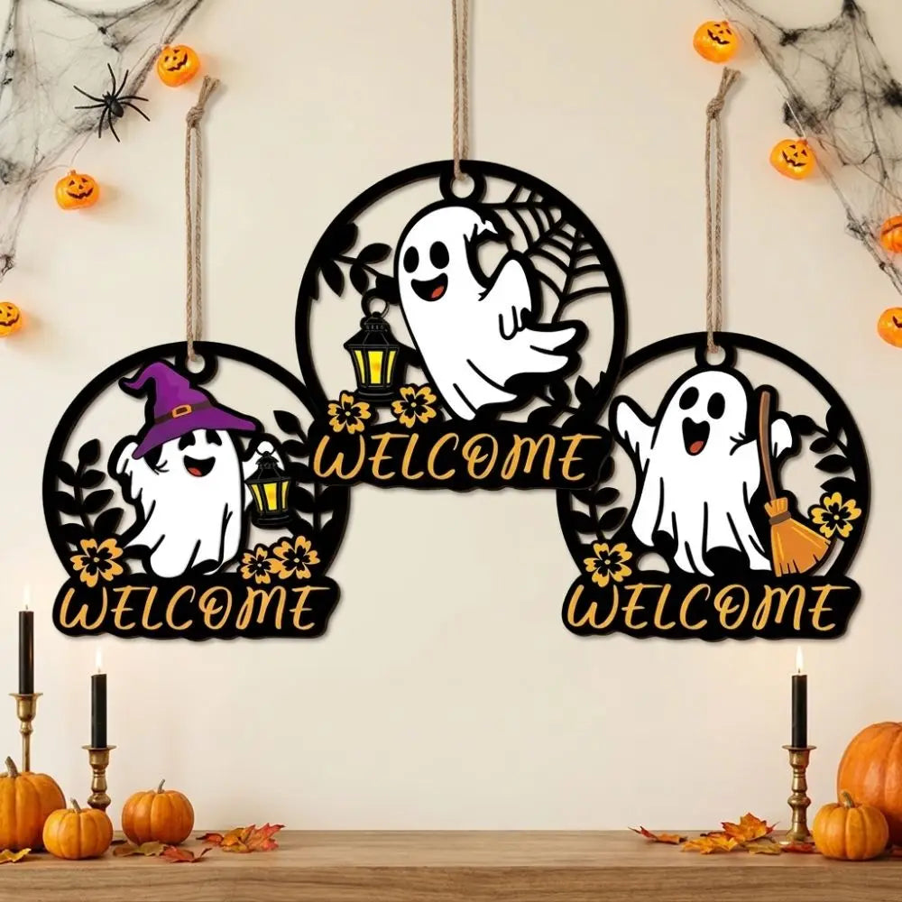 Plaque de Bienvenue Fantôme - Décoration Murale Halloween