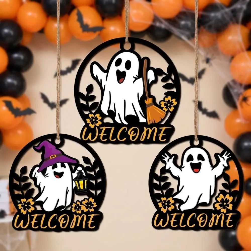 Plaque de Bienvenue Fantôme - Décoration Murale Halloween