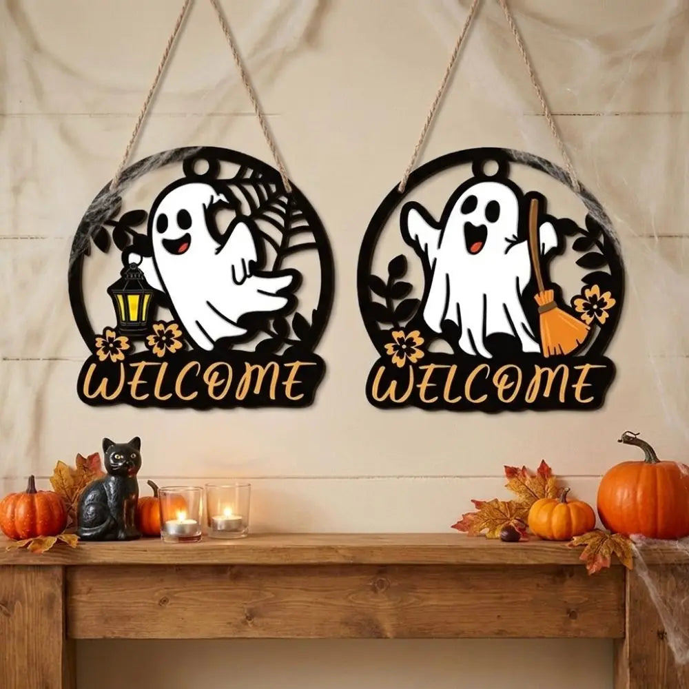 Plaque de Bienvenue Fantôme - Décoration Murale Halloween