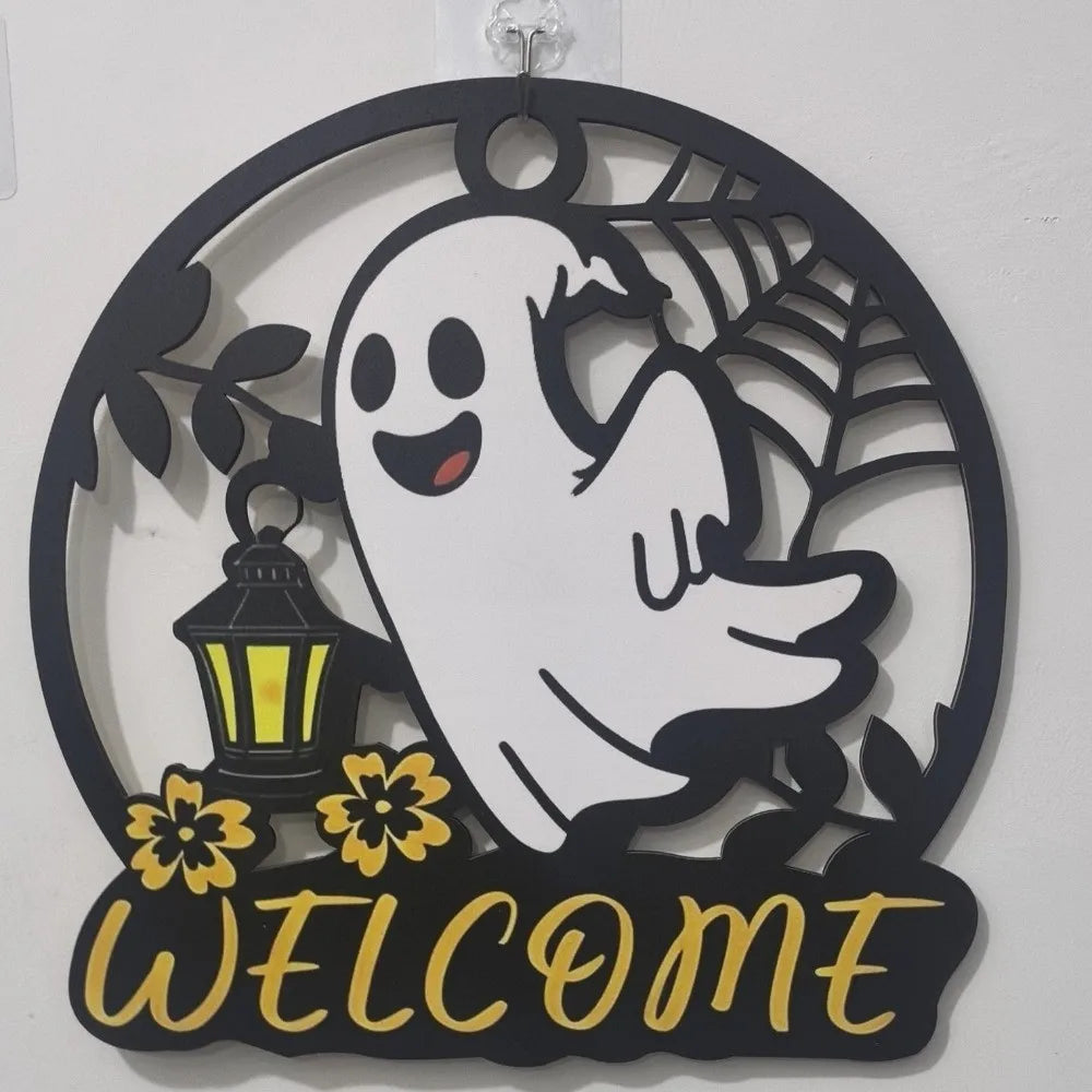 Plaque de Bienvenue Fantôme - Décoration Murale Halloween
